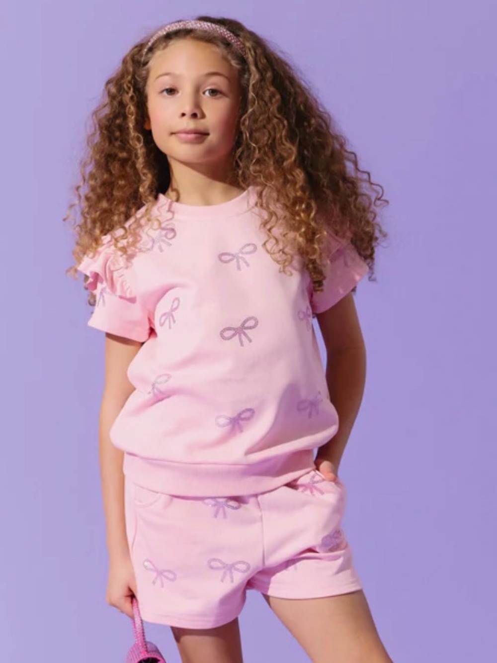 NWT LOLA AND THE BOYS PRETTY IN CRYSTAL BOWS SHORT SET PINK RHINESTONE SWEAT SET